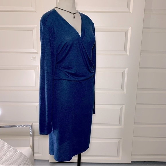 MINIMALIST Blue XL Casual Midi Dress Faux Wrap Long Sleeves V Neck - Picture 5 of 10